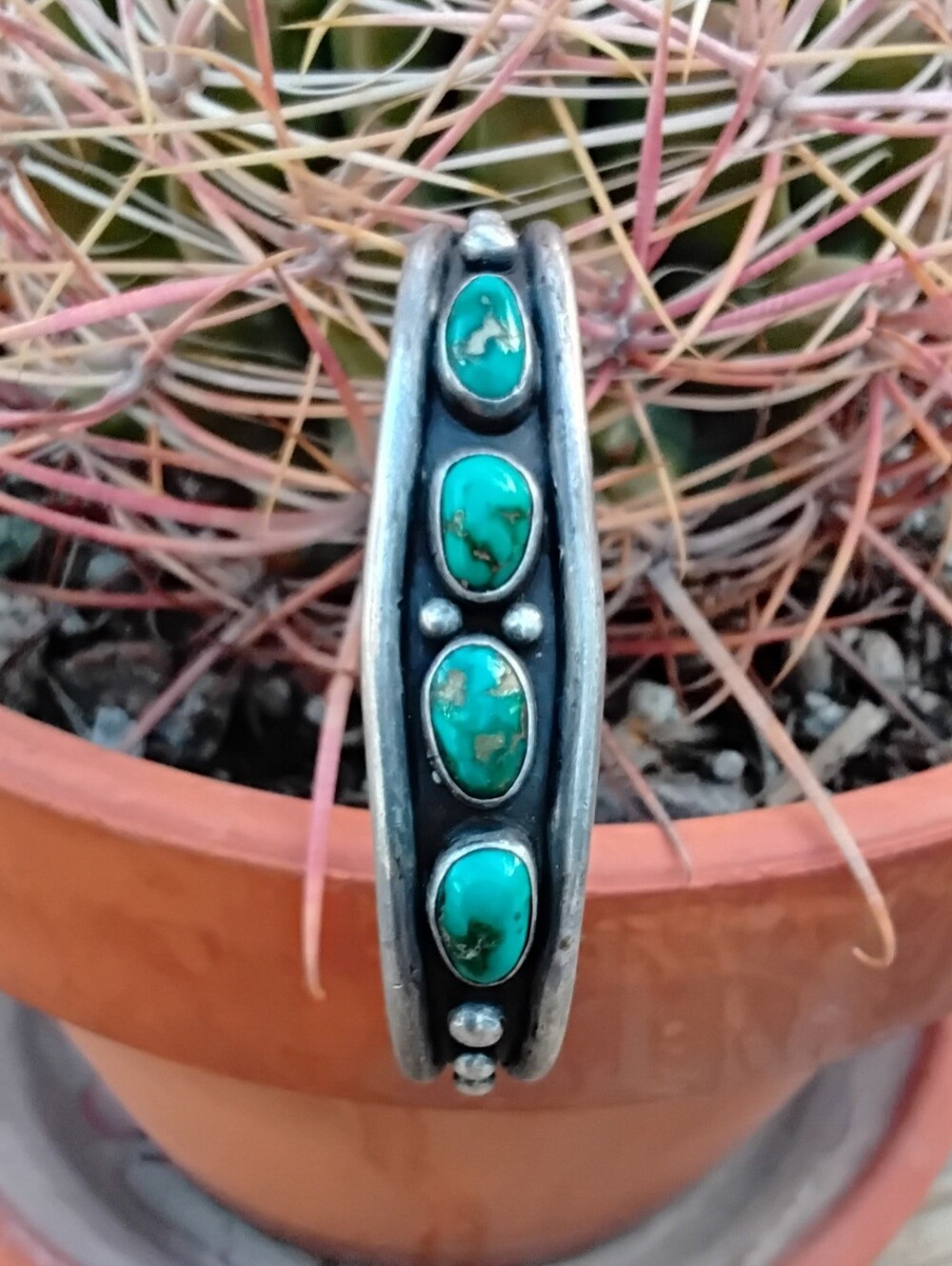 Vintage Sterling Silver Cuff Bracelet 4 Oval Turquoise Blue Stones "6.5" - Picture 6 of 6
